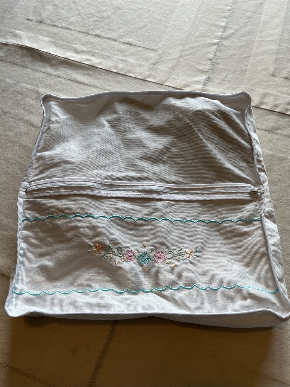 Vintage Lingerie Bag White Embroidered Floral Pouch with Teal Accents